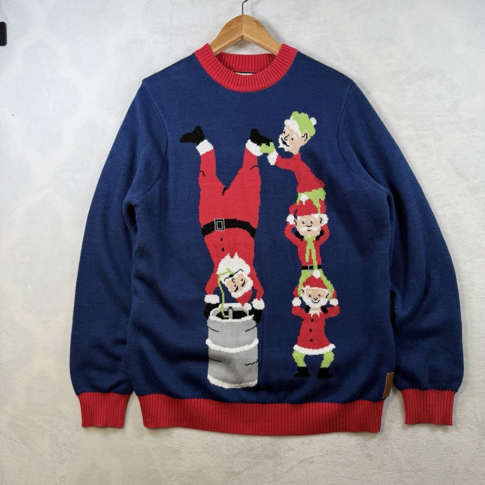 Tipsy Elves Sweater Mens L Blue Santa Keg Stand Elves Acyrlic Ugly Christmas